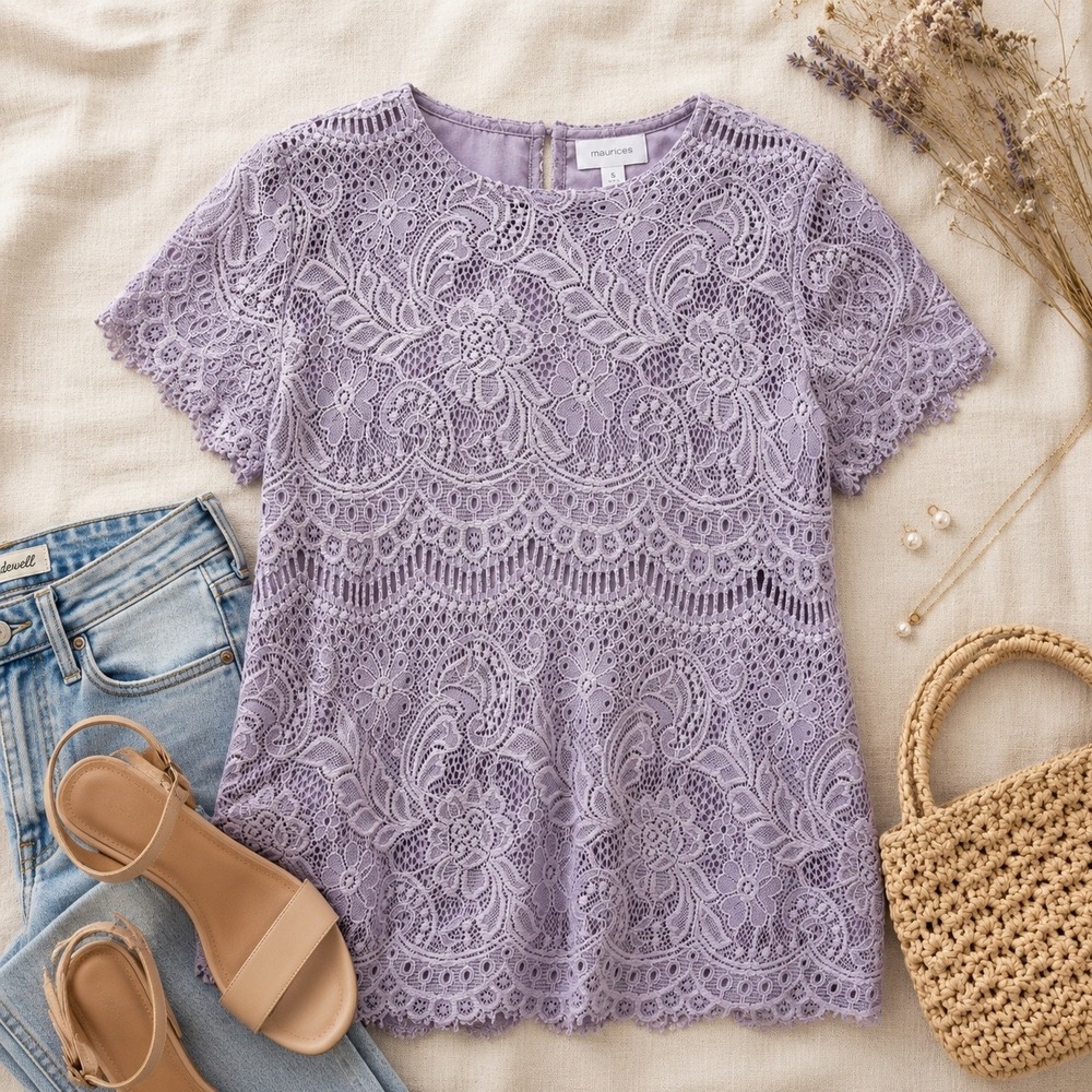 Maurices Womens Small Lavender floral Lace top Short Sleeve Crochet cottagecore